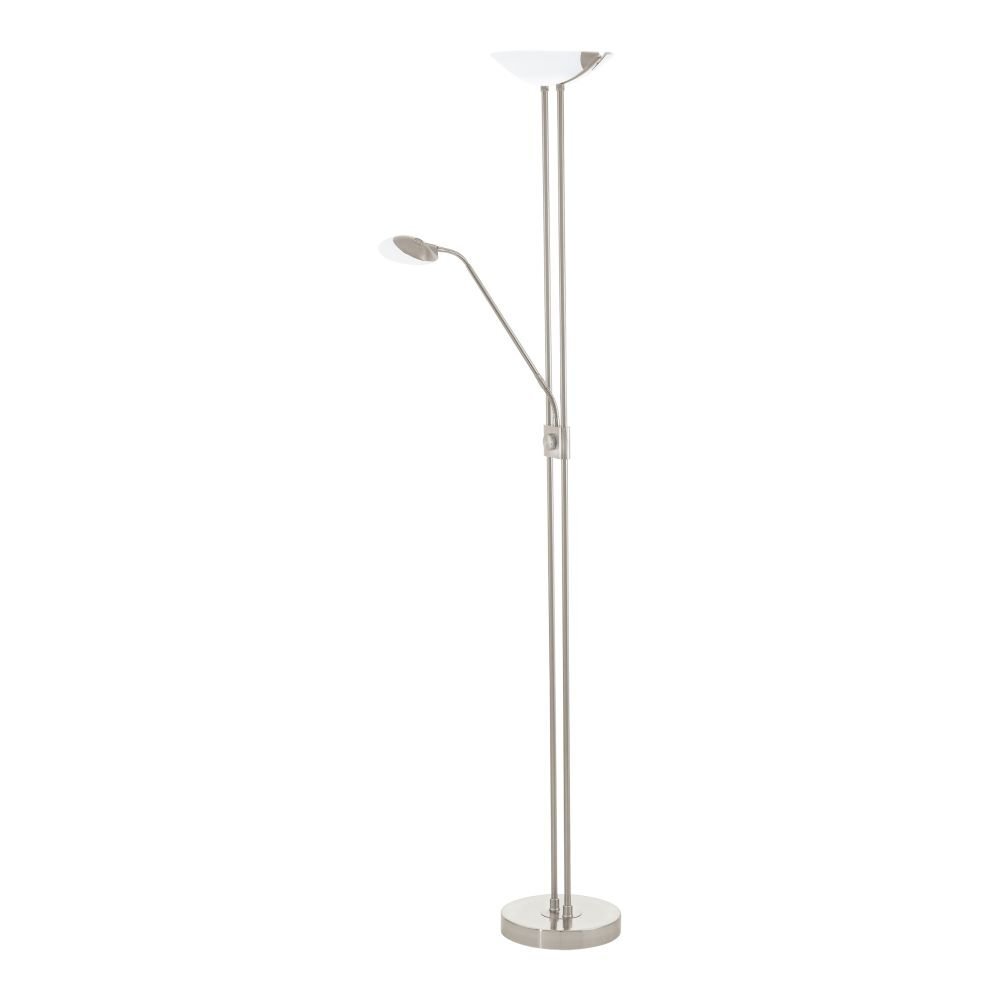 Lampa podłogowa z metalowym stelażem i dwoma źródłami światła, jednym skierowanym w górę i drugim na elastycznym ramieniu. Podstawa jest okrągła, a klosze mają biały kolor.