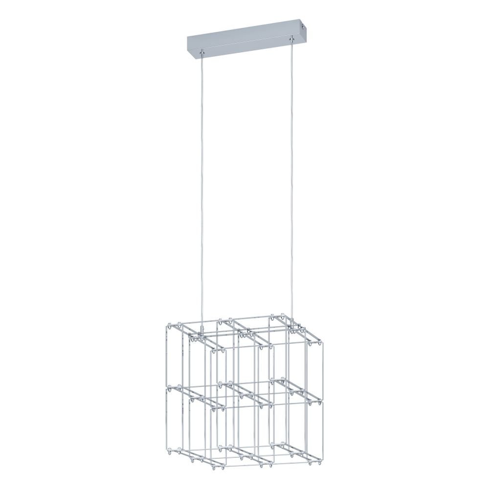 Nowoczesna lampa wisząca LED o geometrycznym kształcie, składająca się z metalowej konstrukcji przypominającej sześcian. Lampa zawieszona jest na dwóch cienkich przewodach przymocowanych do prostokątnej podstawy sufitowej.