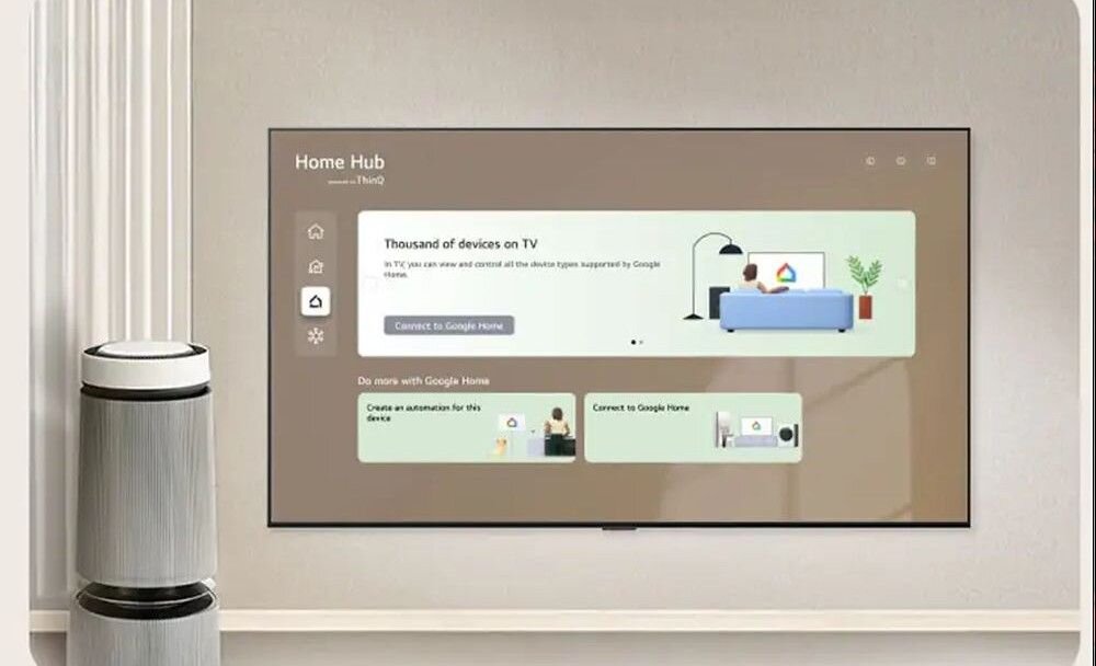 LG 43QNED80B6A Home Hub smart home IoT, telewizor zawieszony na ścianie w pomieszczeniu