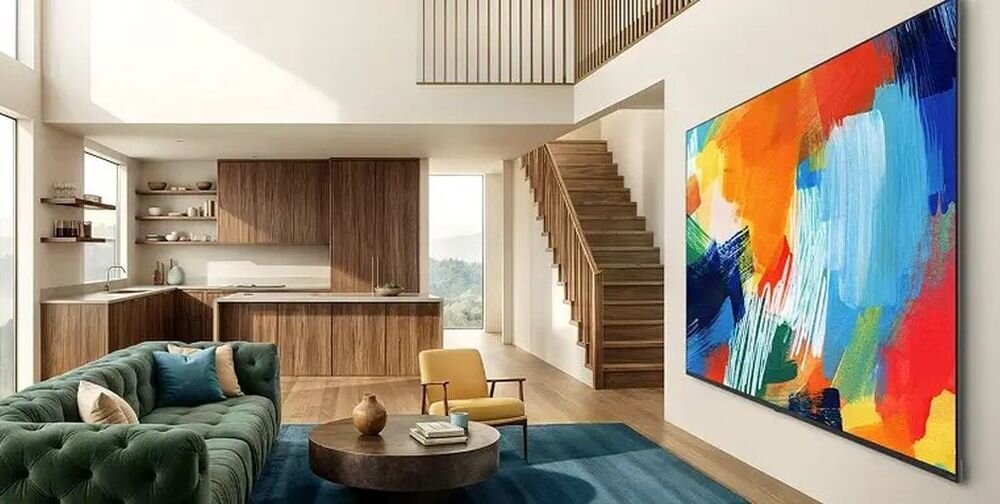 Wnętrze nowoczesnego salonu z dużym, kolorowym obrazem na ścianie. W pomieszczeniu znajduje się zielona sofa, żółty fotel, drewniany stolik oraz kuchnia z drewnianymi szafkami.