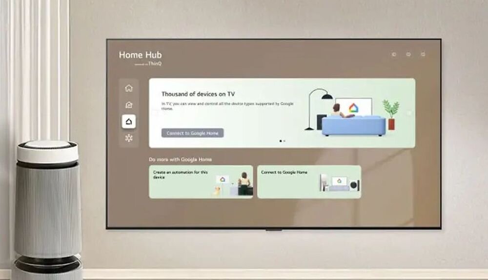 LG 43QNED7EB3C Home Hub smart home IoT sterowanie urządzeniami, telewizor zawieszony na ścianie w pomieszczeniu