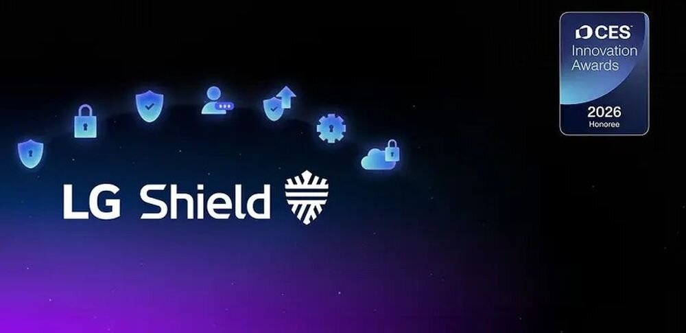 LG 55QNED7EB3C LG Shield ochrona danych szyfrowanie bezpieczeństwo smart TV, logo lg Shield na ciemnym tle