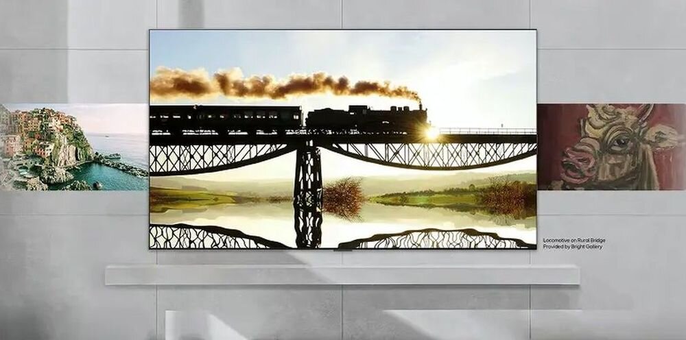 LG 55QNED7EB3C LG Gallery art ambient obrazy dekoracja wnętrza, telewizor zawieszony na ścianie w pomieszczeniu