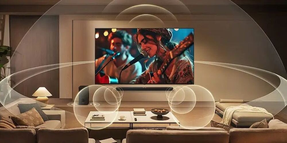 LG 55QNED7EB3C WOW Orchestra soundbar synchronizacja dźwięk przestrzenny, telewizor zawieszony na ścianie w pomieszczeniu