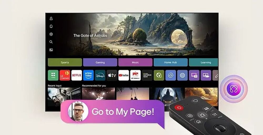 LG 55QNED7EB3C My Page sterowanie głosem widgety pogoda kalendarz sport, telewizor od frontu na jasnym tle