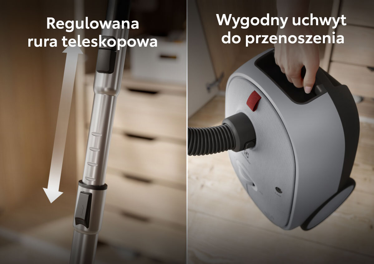 Obraz przedstawia odkurzacz z regulowaną rurą teleskopową i wygodnym uchwytem do przenoszenia. Widoczny tekst: \'Regulowana rura teleskopowa\' oraz \'Wygodny uchwyt do przenoszenia\'.