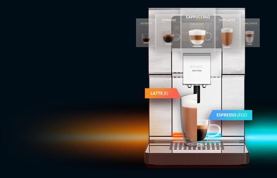Ekspres do kawy z wyświetlaczem pokazującym różne rodzaje kaw, takie jak cappuccino, espresso i cafe latte. Na ekspresie widoczne są napisy \'LATTE JEJ\' i \'ESPRESSO JEGO\'.