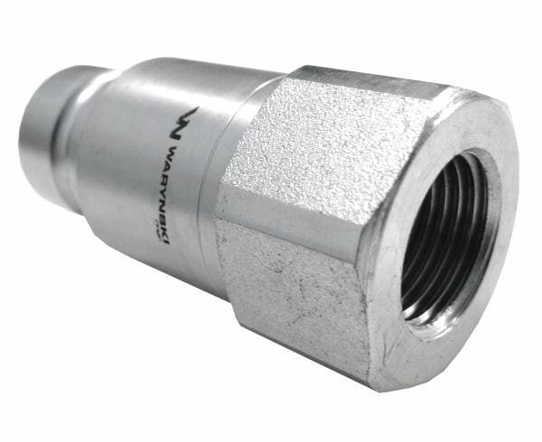 Metalowe szybkozłącze hydrauliczne z gwintem wewnętrznym, z widocznym logo Waryński na powierzchni.