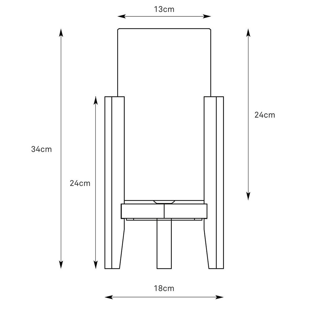 Schematyczny rysunek lampy stołowej z wymiarami: wysokość 34 cm, szerokość 18 cm, głębokość 13 cm. Wysokość klosza wynosi 24 cm.