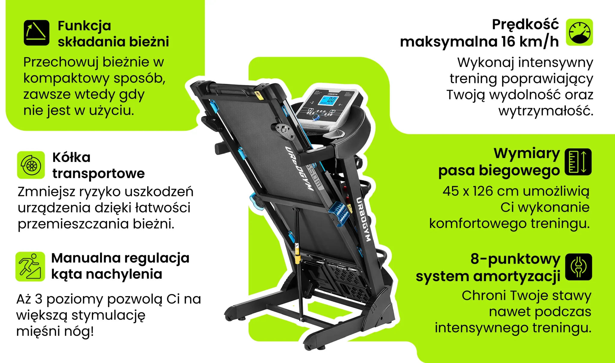 Obraz przedstawia bieżnię elektryczną V650M w pozycji złożonej, z widocznymi elementami sterującymi. Na obrazie znajdują się opisy funkcji bieżni, takie jak: \'Funkcja składania bieżni\', \'Kółka transportowe\', \'Manualna regulacja kąta nachylenia\', \'Prędkość maksymalna 16 km/h\', \'Wymiary pasa biegowego 45 x 126 cm\', \'8-punktowy system amortyzacji\'.