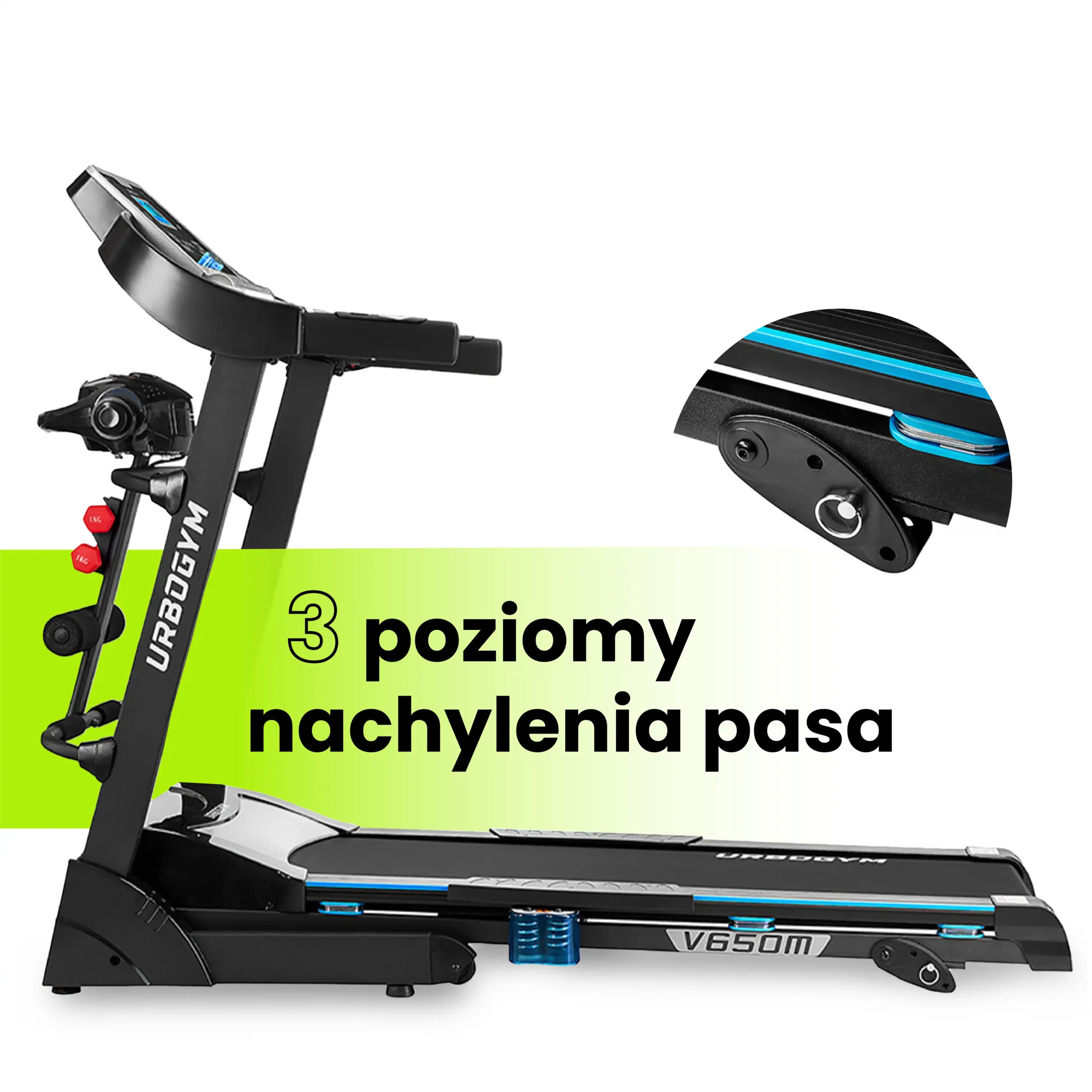 Bieżnia elektryczna z logo \'URBOGYM\' i oznaczeniem modelu \'V650M\', z widocznym mechanizmem regulacji nachylenia pasa. Tekst na obrazie: \'3 poziomy nachylenia pasa\'.