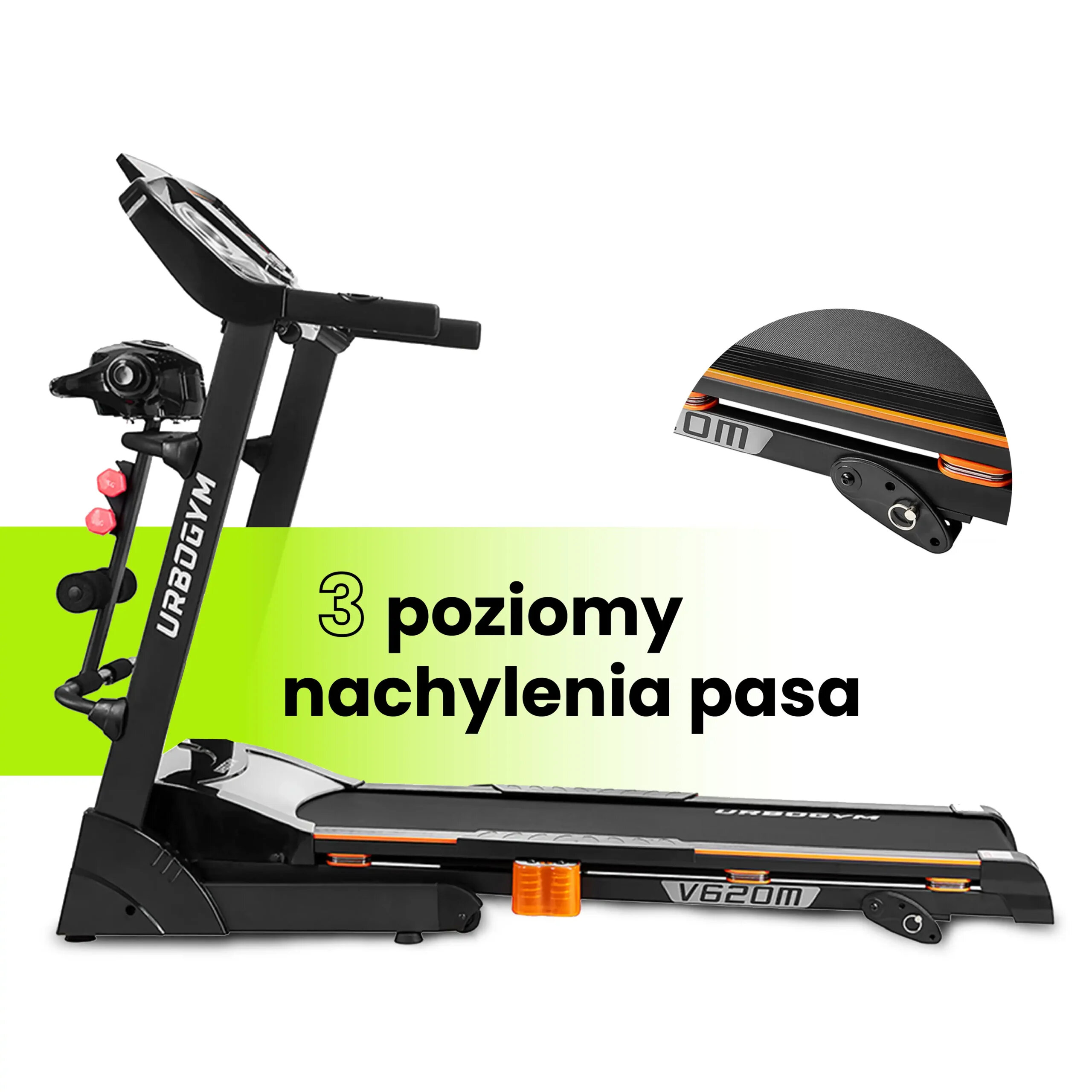 Obraz przedstawia bieżnię elektryczną z napisem \'V620M\' oraz tekstem \'3 poziomy nachylenia pasa\'. Widoczne jest logo \'URBOGYM\' na ramie bieżni.