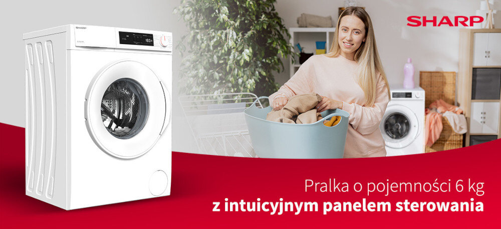 Obraz przedstawia białą pralkę z widocznym bębnem i panelem sterowania, obok której stoi osoba z koszem na pranie. Na dole widnieje napis: \'Pralka o pojemności 6 kg z intuicyjnym panelem sterowania\', a w prawym górnym rogu znajduje się logo SHARP.