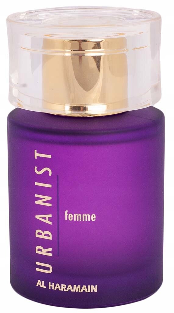 Fioletowy flakon perfum z przezroczystą nakrętką i złotymi elementami, z napisami \'URBANIST femme\' oraz \'AL HARAMAIN\'.