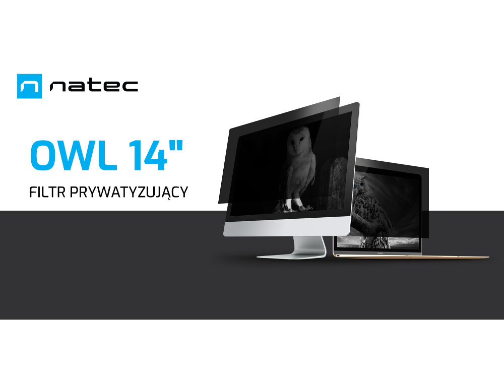 Filtr prywatyzujący Natec założony na monitor na biało-czarnym tle.