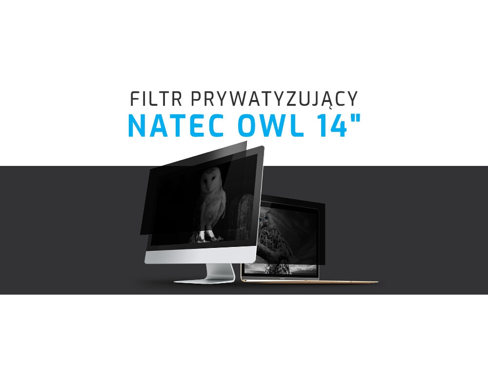 Filtr prywatyzujący Natec Owl na biało czarnym tle. Na środku ukazany ekran monitora jak i laptopa