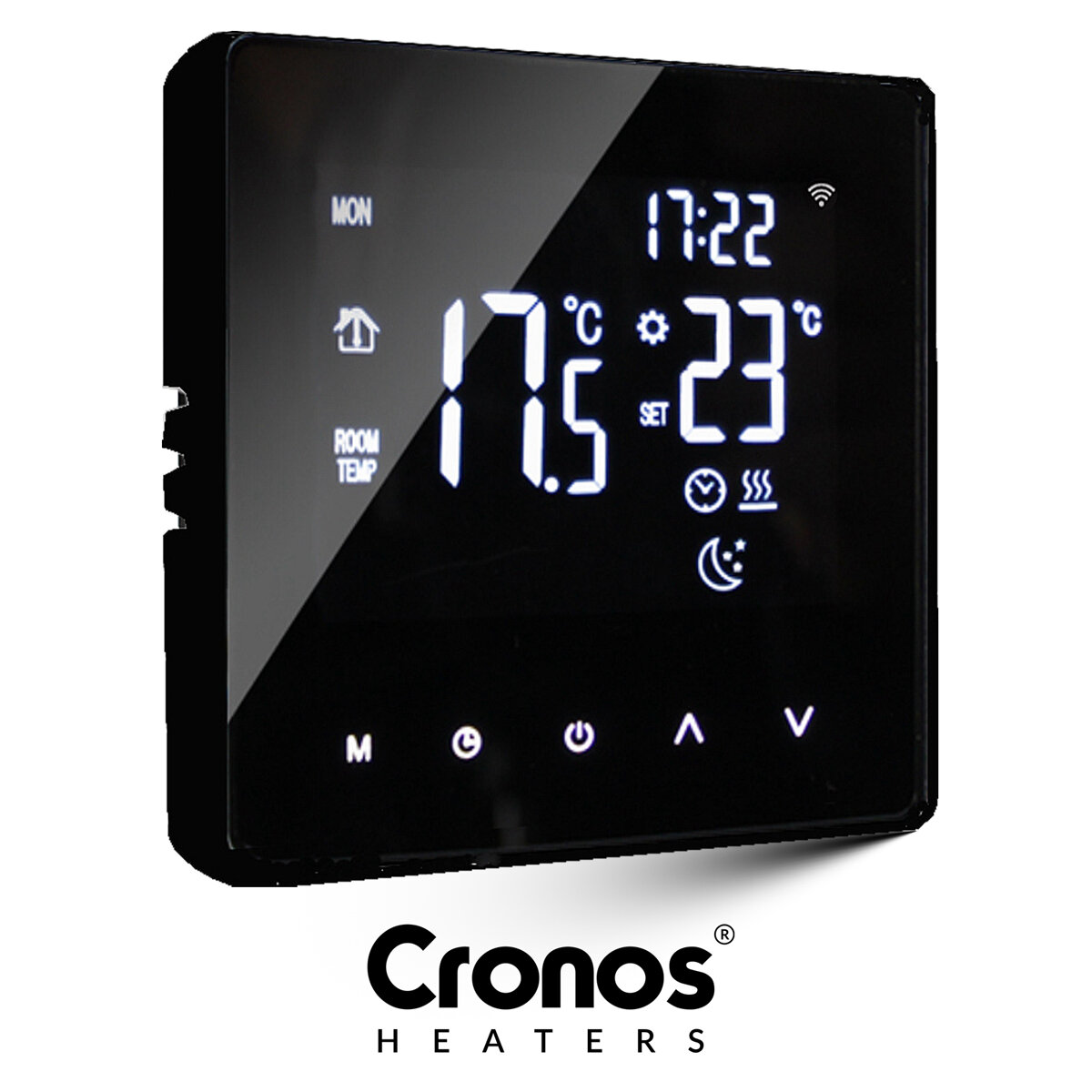 Czarny termostat z wyświetlaczem pokazującym temperaturę 17,5°C i ustawioną temperaturę 23°C. Widoczne są ikony oraz napisy: \'MON\', \'ROOM TEMP\', \'Cronos HEATERS\'.