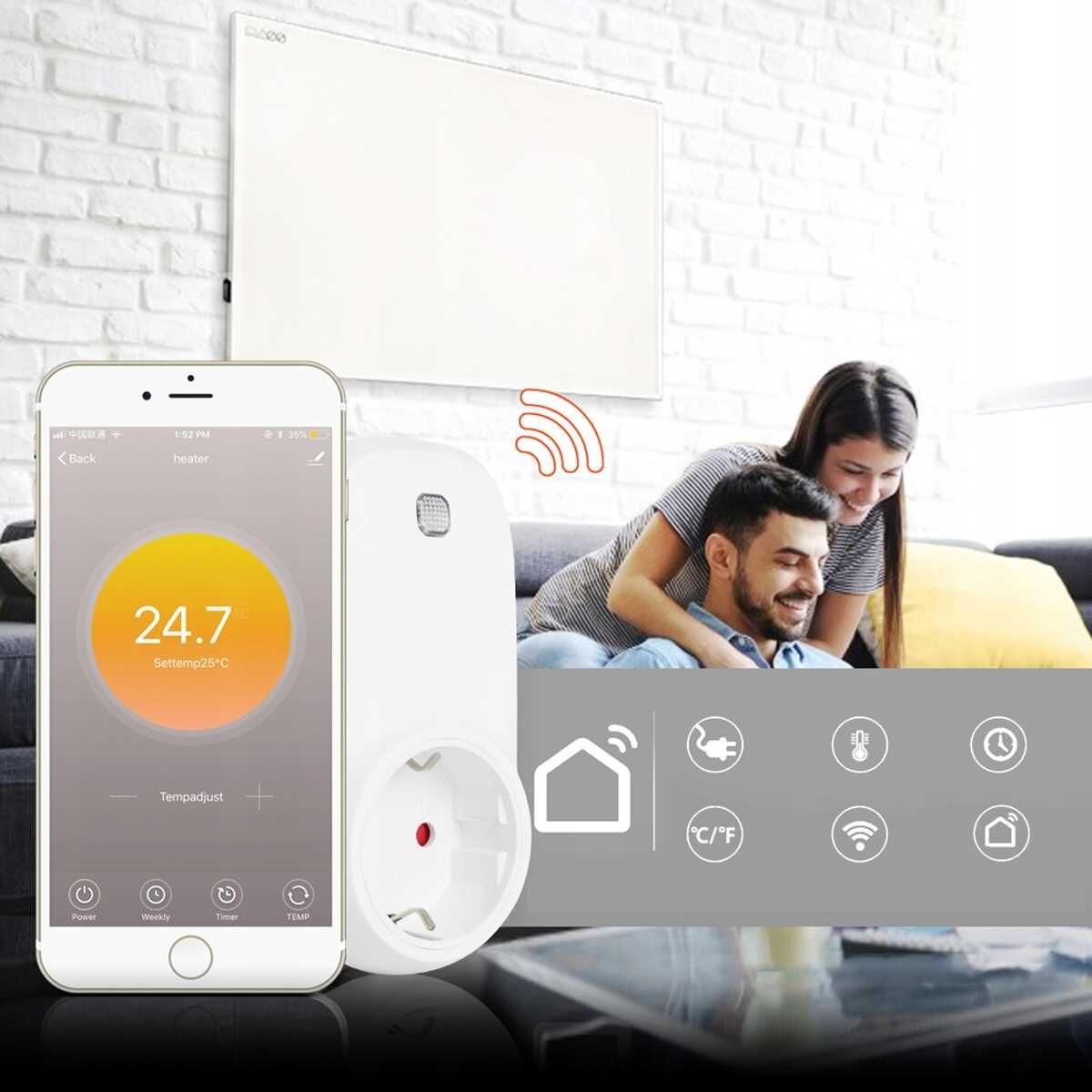 Na obrazie widoczny jest smartfon z aplikacją pokazującą temperaturę 24.7°C oraz biały termostat podłączony do gniazdka. W tle znajduje się para siedząca na kanapie, a na ścianie wisi biały panel grzewczy z logo \'Cronos\'.