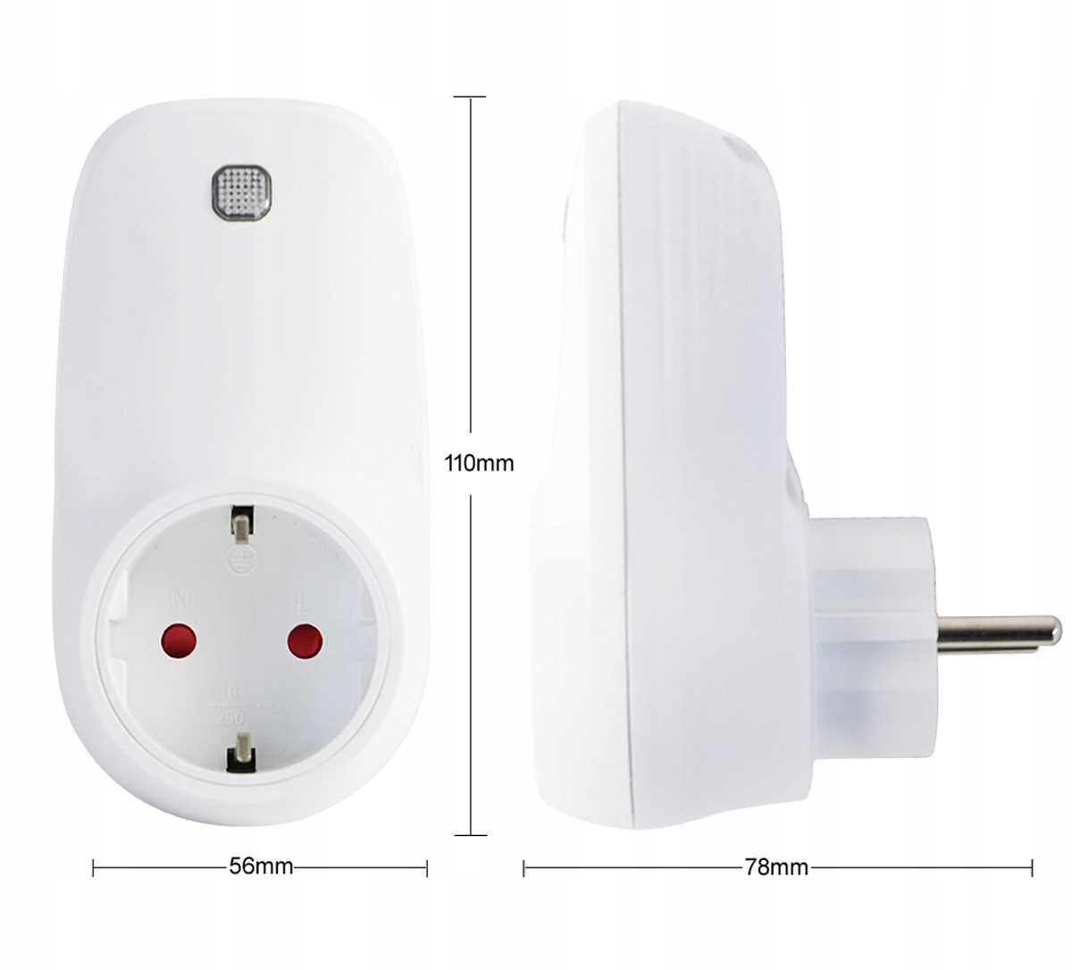 Na obrazie widoczny jest biały adapter elektryczny z gniazdem i wtyczką, z wymiarami 110mm wysokości, 56mm szerokości i 78mm głębokości. Na górze znajduje się mały kwadratowy przycisk lub wskaźnik.