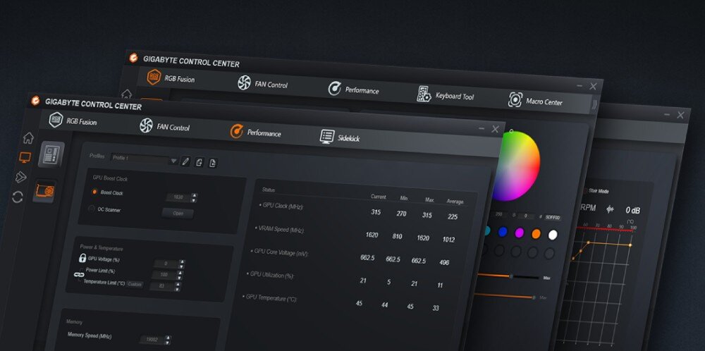 Karta graficzna GIGABYTE Radeon RX 9070 GRE Gaming OC Interfejs programu komputerowego pokazujący trzy okna z wykresami parametrów, kołem wyboru koloru podświetlenia oraz suwakami