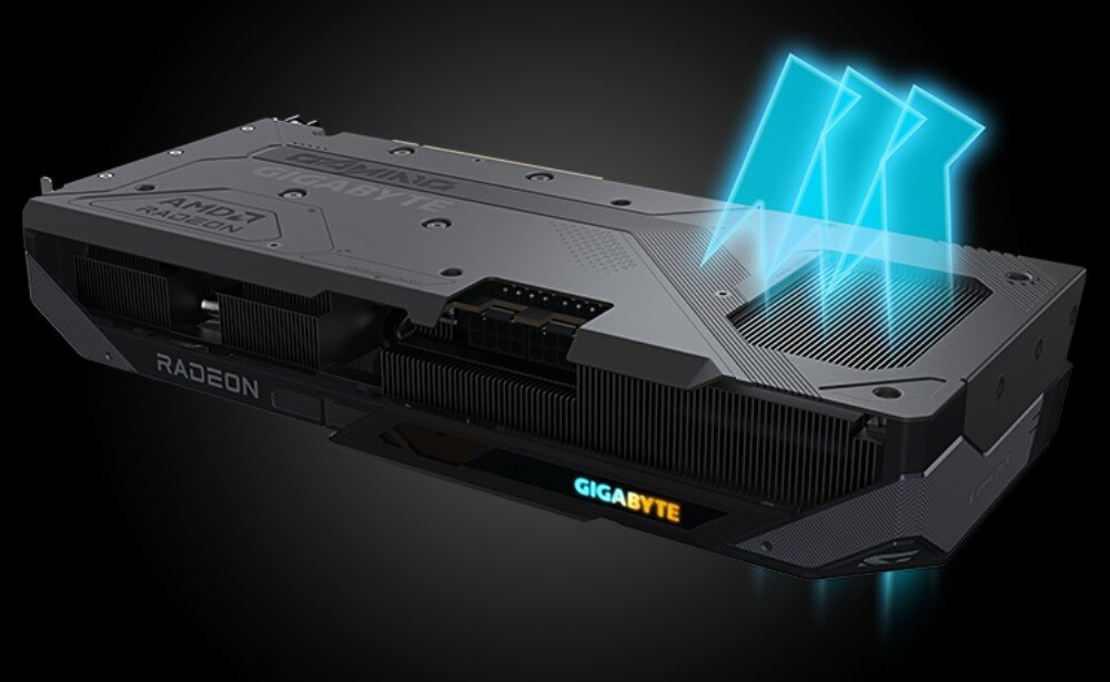 Karta graficzna GIGABYTE Radeon RX 9070 GRE Gaming OC Tylna płyta karty graficznej ze specjalnym otworem, przez który przechodzą trzy świecące strzałki wskazujące przepływ powietrza
