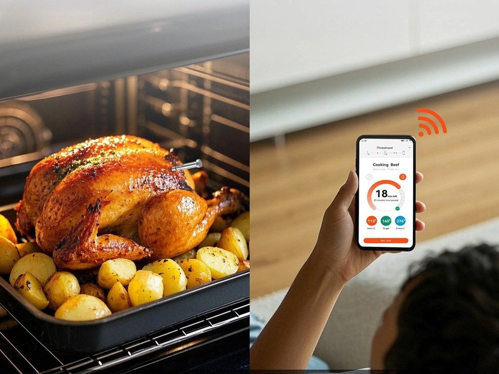 Po lewej stronie pieczony kurczak z ziemniakami w piekarniku, z wbitym termometrem. Po prawej osoba trzymająca telefon z aplikacją pokazującą temperaturę gotowania mięsa, z widocznym napisem \'Cooking Beef\' i wartością \'18\'.