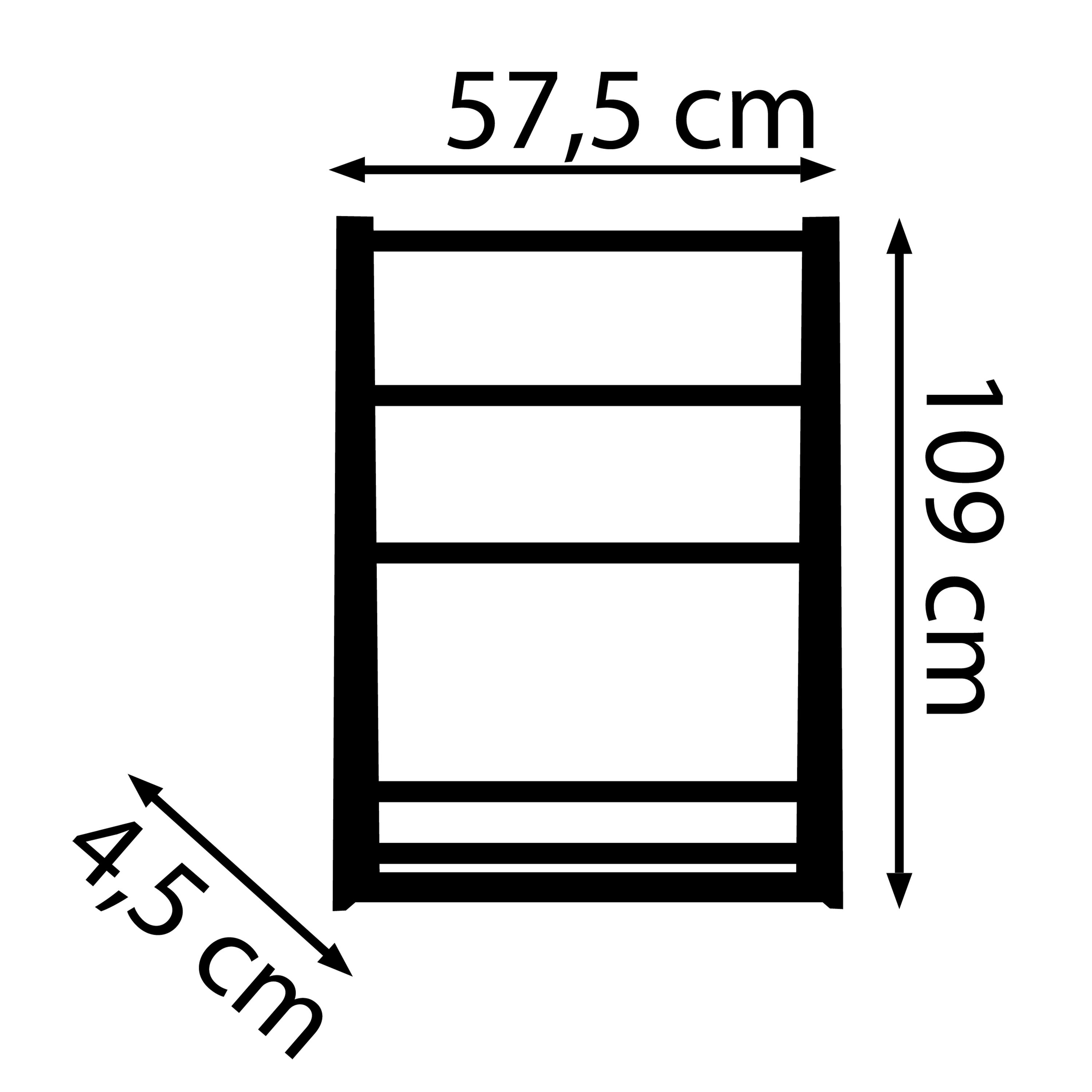 Schemat stojaka na ręczniki z wymiarami: szerokość 57,5 cm, wysokość 109 cm, głębokość 4,5 cm.