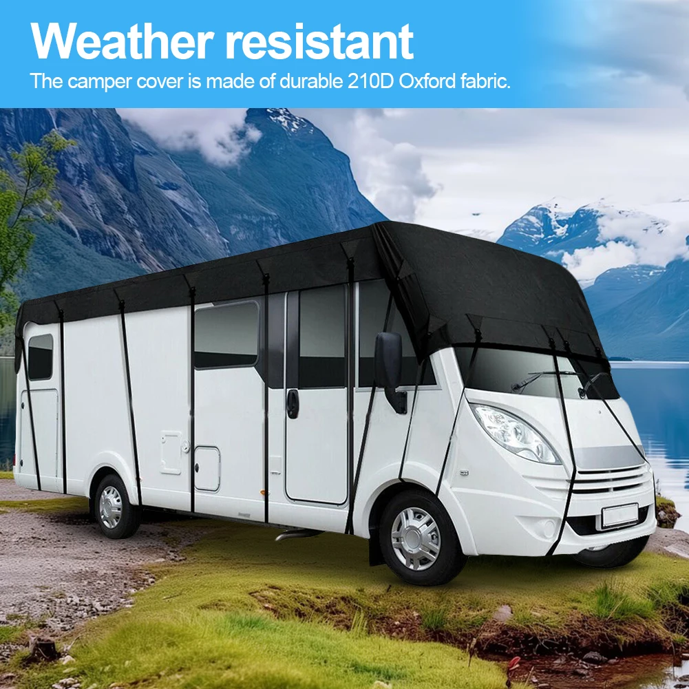 Na obrazie widoczny jest biały kamper z czarnym pokrowcem, stojący na tle górskiego krajobrazu. Tekst na górze obrazu brzmi: \'Weather resistant The camper cover is made of durable 210D Oxford fabric.\'