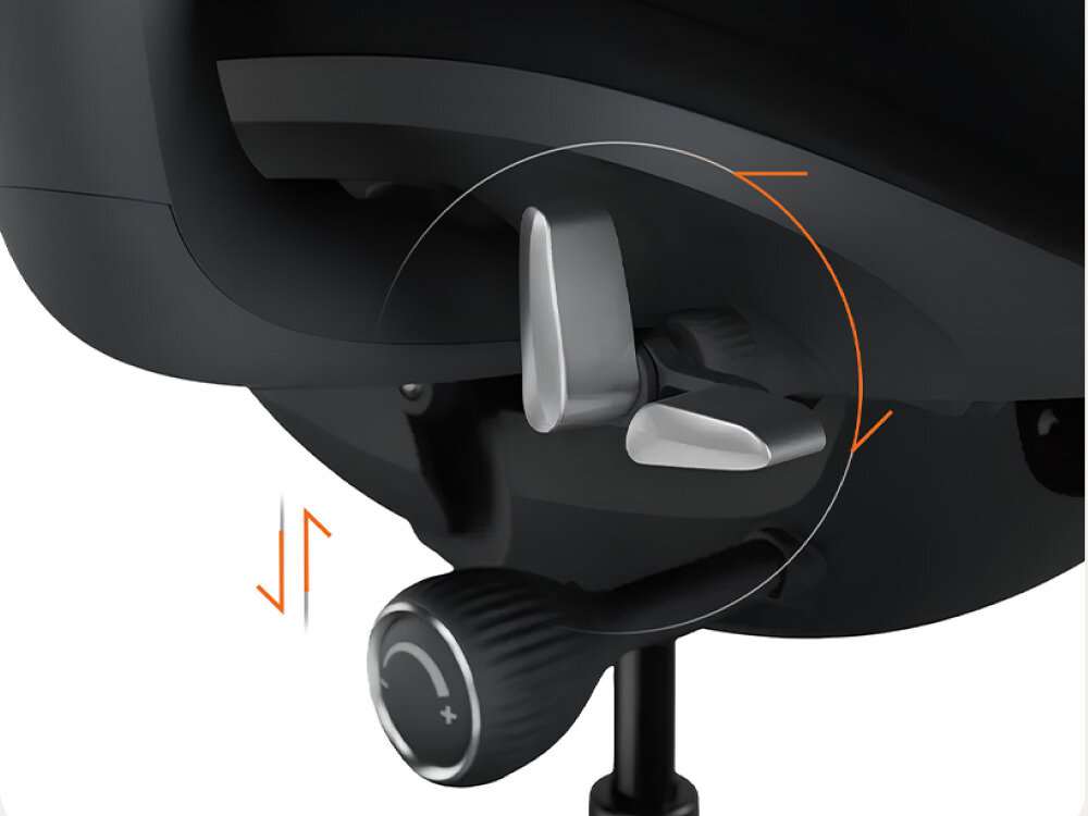 Fotel biurowy LIBERNOVO Omni Dynamic Szary, Regulacja, personalizacja, mechanizm, wygoda, Zbliżenie na dźwignie regulacji pod siedziskiem fotela.