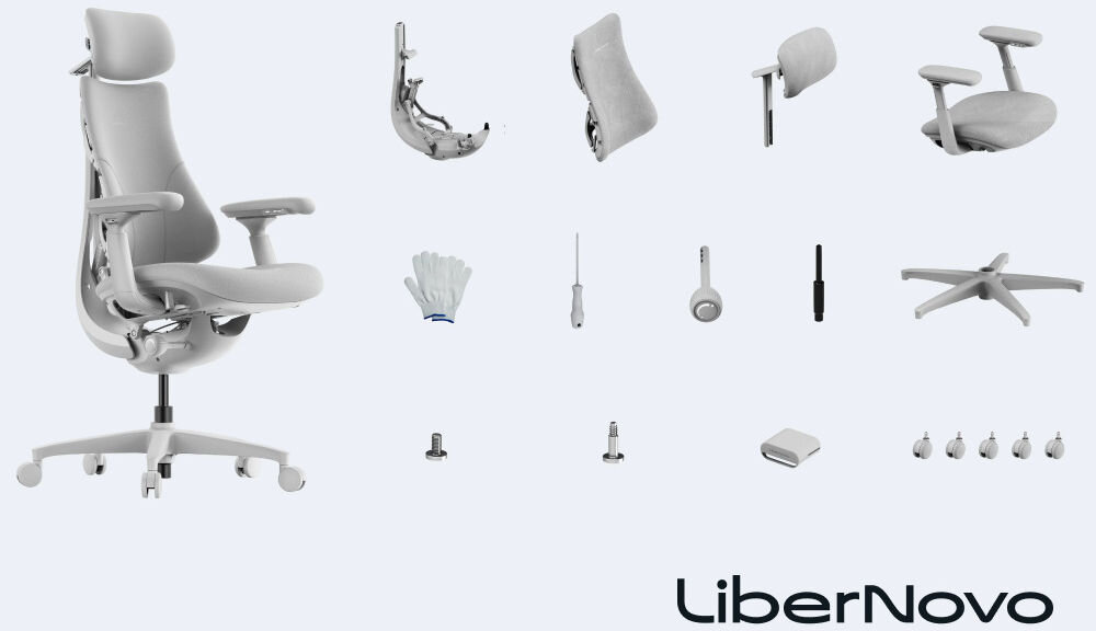 Fotel biurowy LIBERNOVO Omni Dynamic Szary, Montaż, prostota, instrukcja, wygoda, Elementy składowe fotela i akcesoria do montażu.