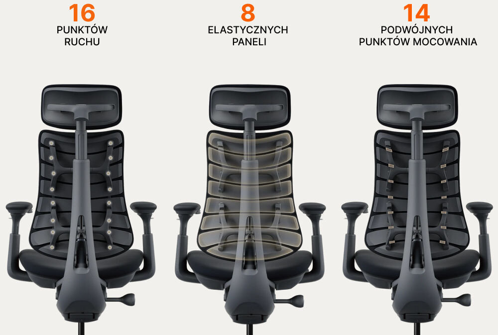 Fotel biurowy LIBERNOVO Omni Dynamic Szary, Ergonomia, dopasowanie, wsparcie, system, Grafika pokazująca budowę i punkty ruchu oparcia.