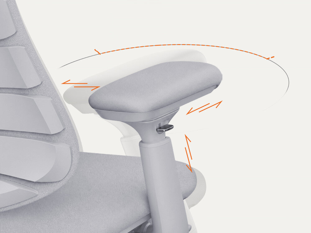 Fotel biurowy LIBERNOVO Omni Dynamic Szary, Podłokietniki, regulacja, wygoda, ergonomia, Mechanizm regulacji podłokietnika w fotelu.