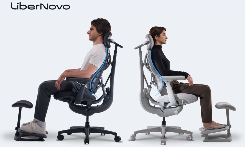 Fotel biurowy LIBERNOVO Omni Dynamic Czarny, Komfort, design, innowacja, wygoda, Dwie osoby siedzące na fotelach biurowych.