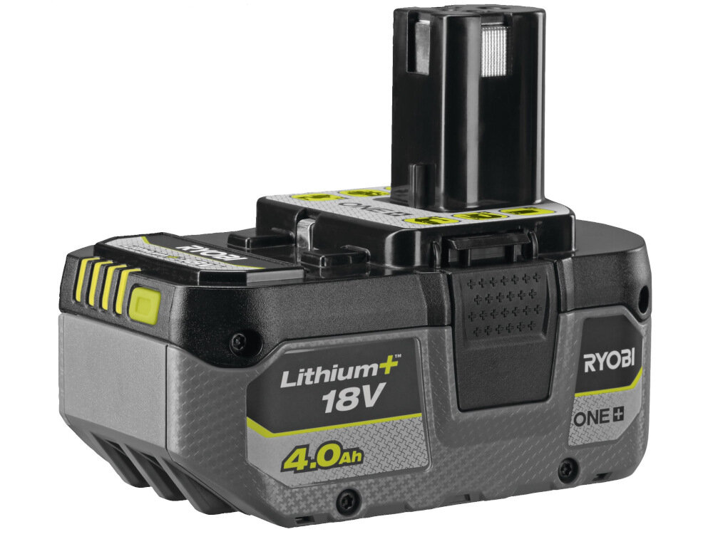 Na obrazie widoczna jest bateria z oznaczeniami \'Lithium+ 18V 4.0Ah\' oraz logo \'RYOBI ONE+\'.