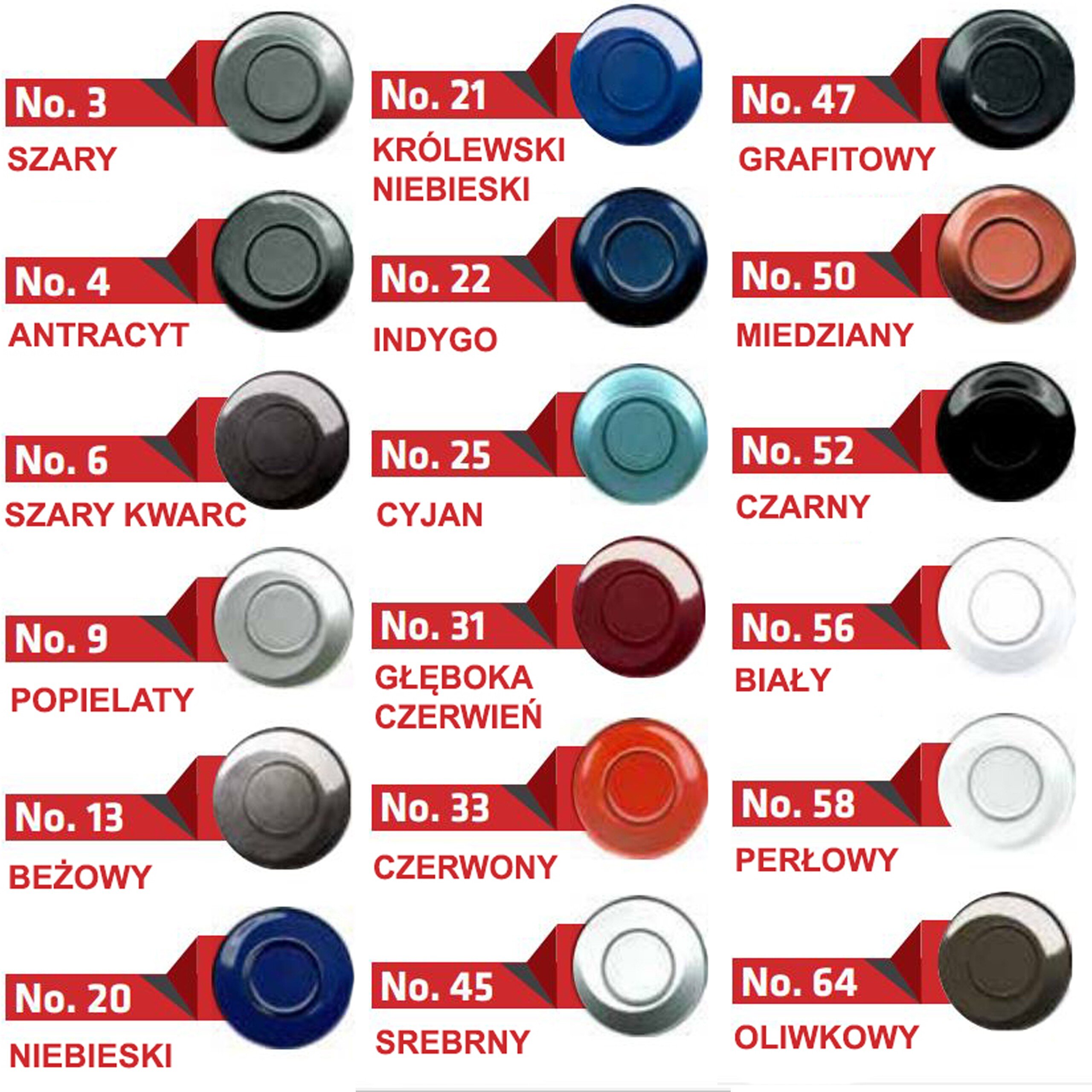 Obraz przedstawia różne kolory czujników parkowania oznaczone numerami i nazwami, takimi jak Szary, Antracyt, Królewski Niebieski, Grafitowy, Miedziany, Czarny, Biały, Perłowy i inne. Każdy czujnik ma przypisany numer, np. No. 3 Szary, No. 21 Królewski Niebieski, No. 47 Grafitowy.