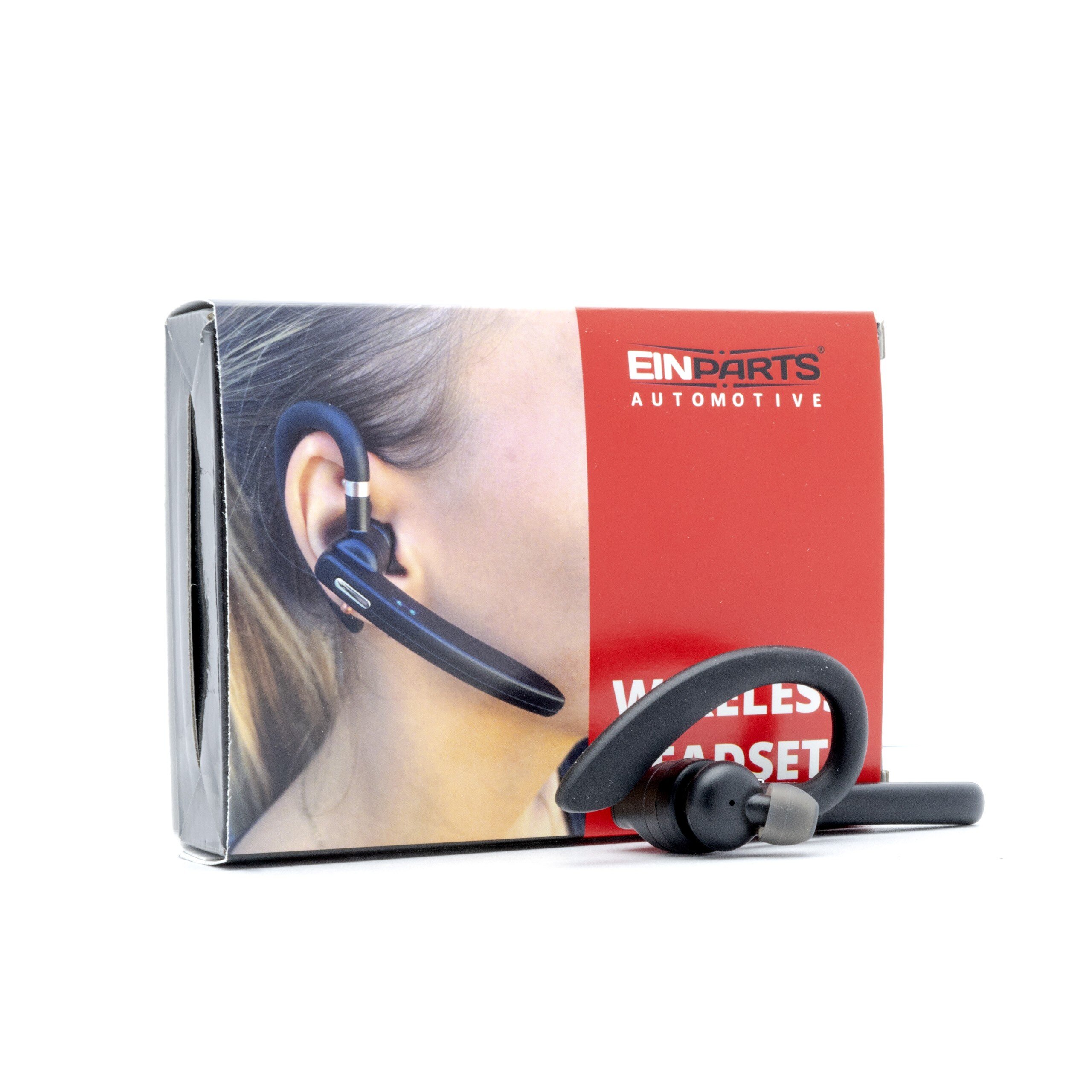Opakowanie produktu z napisem \'Einparts Automotive\' i zdjęciem osoby noszącej bezprzewodową słuchawkę douszną. Na opakowaniu widoczny jest również napis \'Wireless Headset\'.