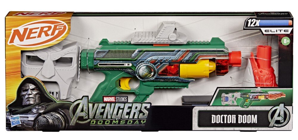 Opakowanie wyrzutni NERF z motywem Marvel Avengers Doomsday, przedstawiające zielono-srebrną wyrzutnię z dodatkowymi elementami oraz maską. Widoczne napisy to \'NERF\', \'MARVEL STUDIOS AVENGERS DOOMSDAY\', \'DOCTOR DOOM\' i \'ELITE\'.