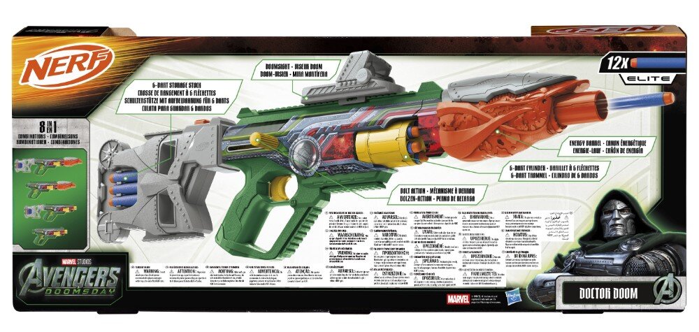 Opakowanie wyrzutni NERF z motywem Marvela przedstawia szczegółowy rysunek produktu oraz jego funkcje. Widoczne są logotypy NERF, Marvel i Avengers, a także postać Doktora Dooma.
