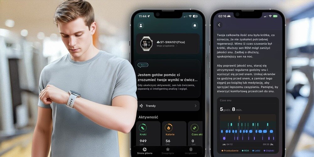 Mężczyzna patrzy na smartwatch na swoim nadgarstku, a obok widoczne są dwa ekrany smartfona z aplikacją monitorującą aktywność fizyczną i sen. Na ekranach widoczne są dane takie jak kroki, kalorie, czas aktywności oraz wykresy snu.