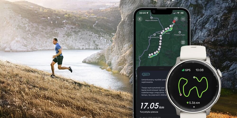 Na obrazie widać osobę biegnącą w górzystym terenie oraz smartfon i smartwatch z wyświetlonymi trasami GPS. Na ekranie smartfona widoczny jest tekst: \'17.05 km Turystyka piesza\'.
