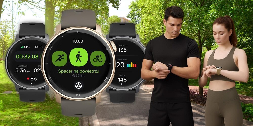 Na obrazie widoczne są trzy smartwatche z różnymi ekranami, pokazującymi informacje takie jak czas, dystans, tętno i tryby aktywności. W tle znajduje się para osób w sportowych strojach, patrzących na swoje smartwatche w parku.