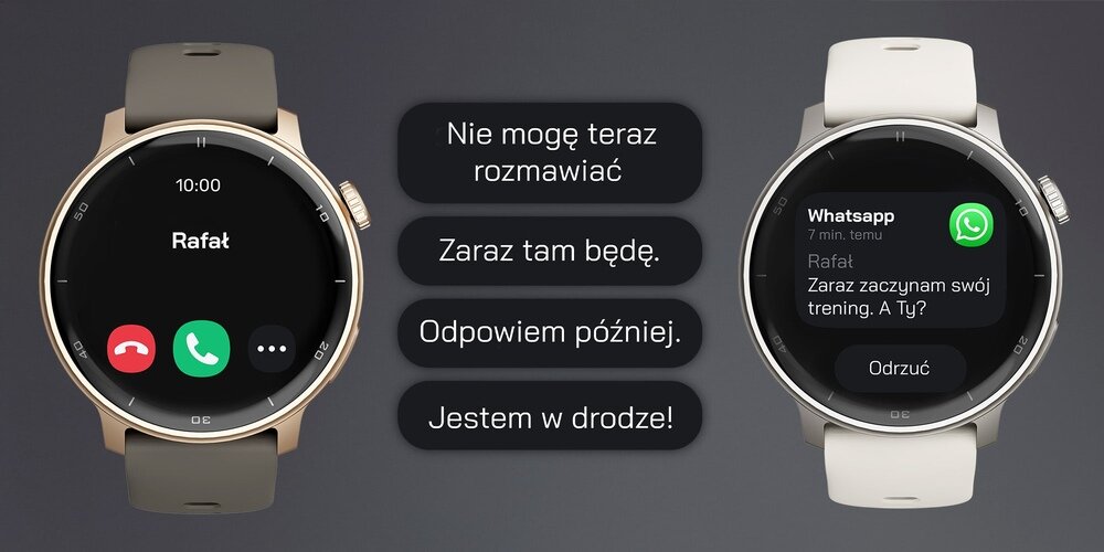 Na obrazie widoczne są dwa smartwatche z okrągłymi tarczami, jeden z ciemnym paskiem i drugi z jasnym. Na ekranach wyświetlane są powiadomienia: po lewej stronie połączenie od \'Rafał\', a po prawej wiadomość z WhatsApp o treści \'Rafał: Zaraz zaczynam swój trening. A Ty?\'.