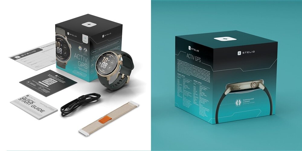 Na obrazie widoczny jest smartwatch z okrągłą tarczą, obok którego znajdują się pudełko z napisem \'STELIO ACTIV GPS\', przewód, pasek oraz instrukcje. Pudełko ma czarno-turkusowy design z logo \'STELIO\'.