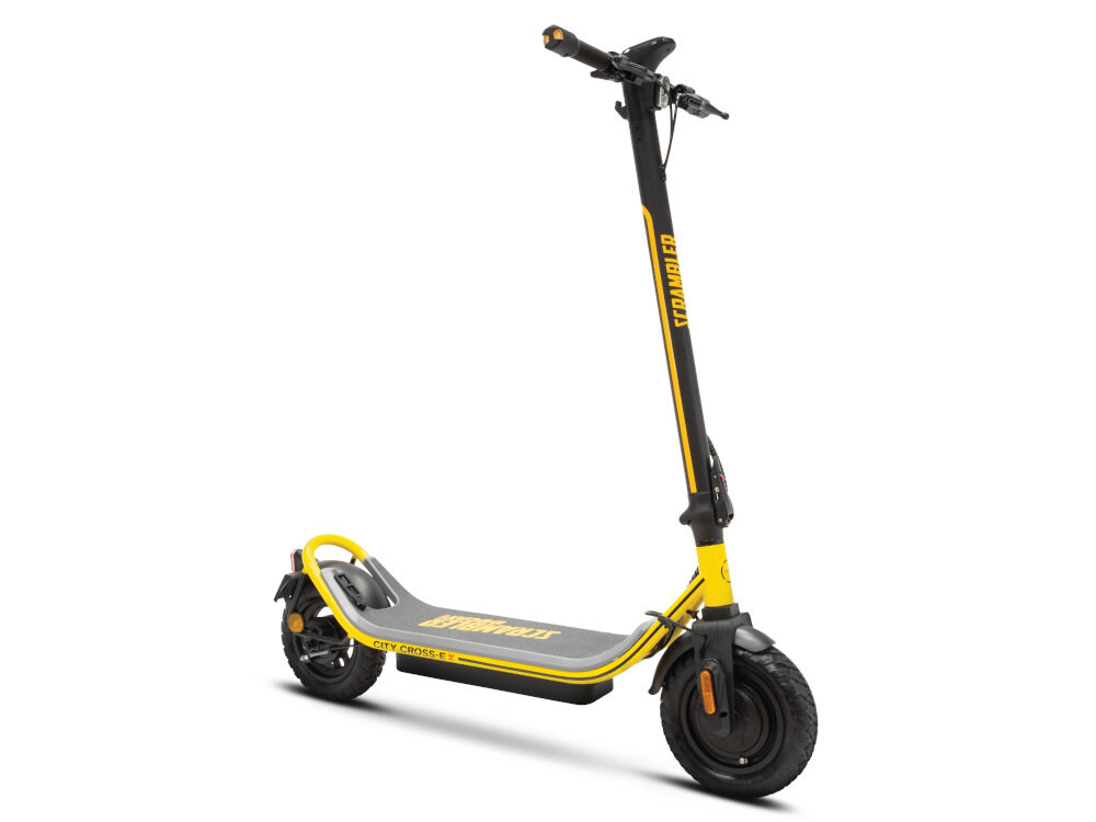 Czarno-żółta hulajnoga elektryczna z widocznym napisem \'SCRAMBLER\' na kierownicy i \'CITY CROSS-E\' na podeście. Hulajnoga posiada duże koła i kierunkowskazy.