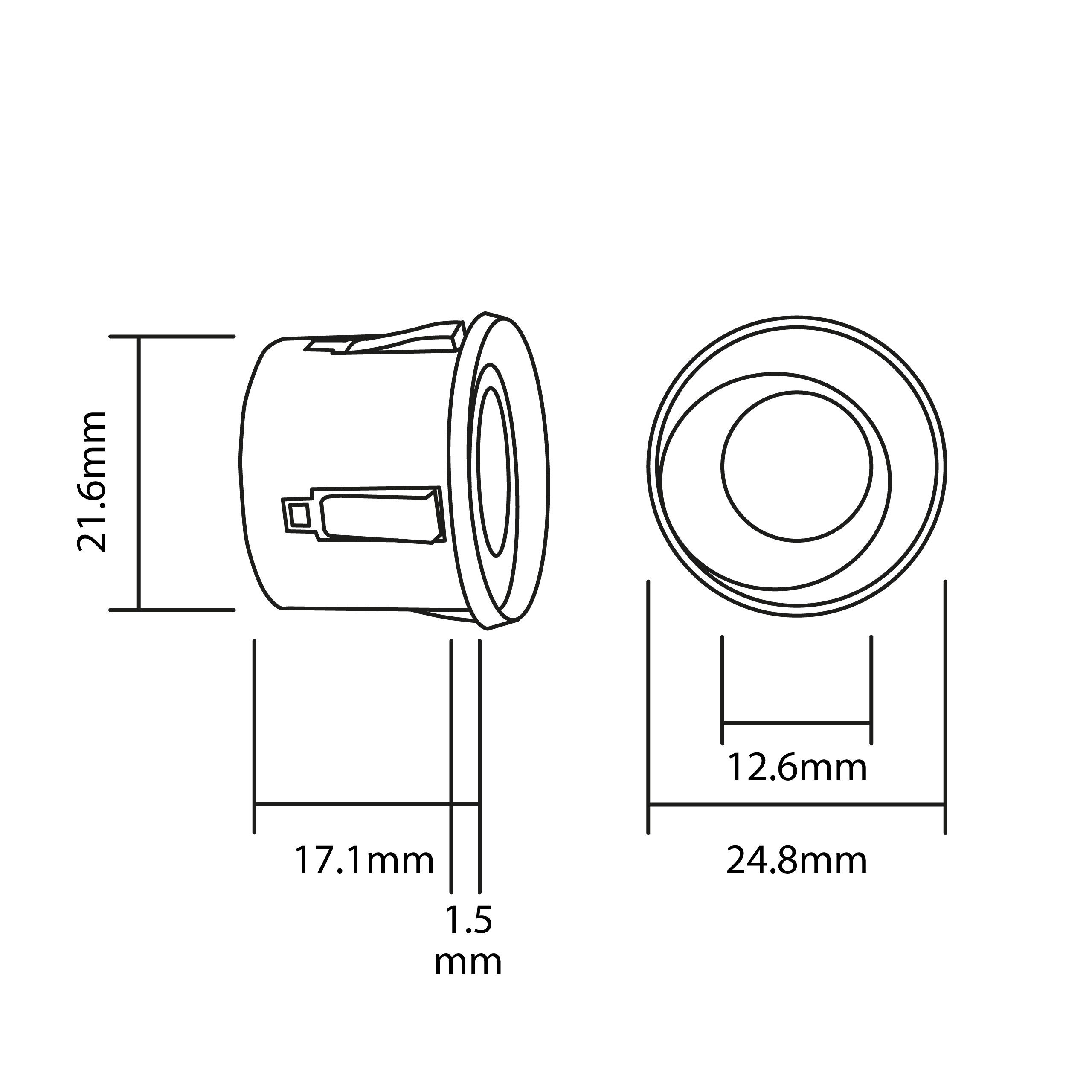 Schematyczny rysunek przedstawia wymiary czujnika parkowania, z oznaczeniami: 21.6mm, 17.1mm, 1.5mm, 12.6mm, 24.8mm.