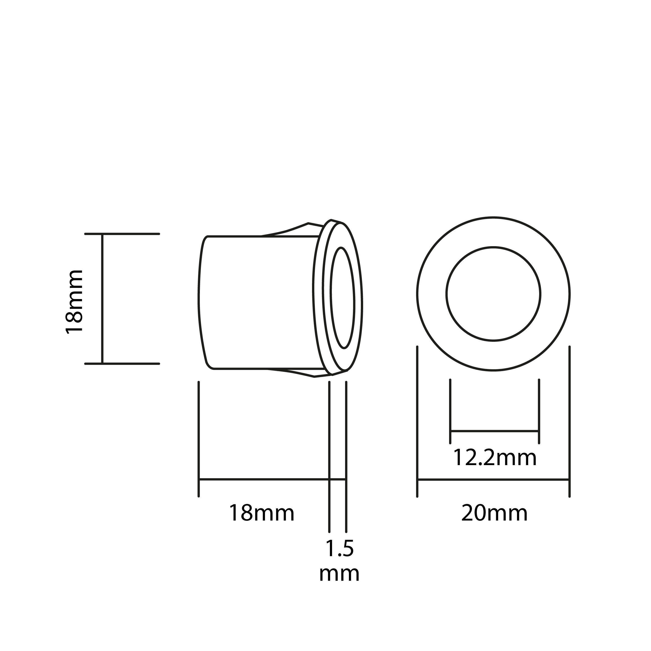 Schematyczny rysunek przedstawia wymiary czujnika parkowania: wysokość 18 mm, średnica 18 mm, grubość 1.5 mm, średnica wewnętrzna 12.2 mm, całkowita średnica 20 mm.