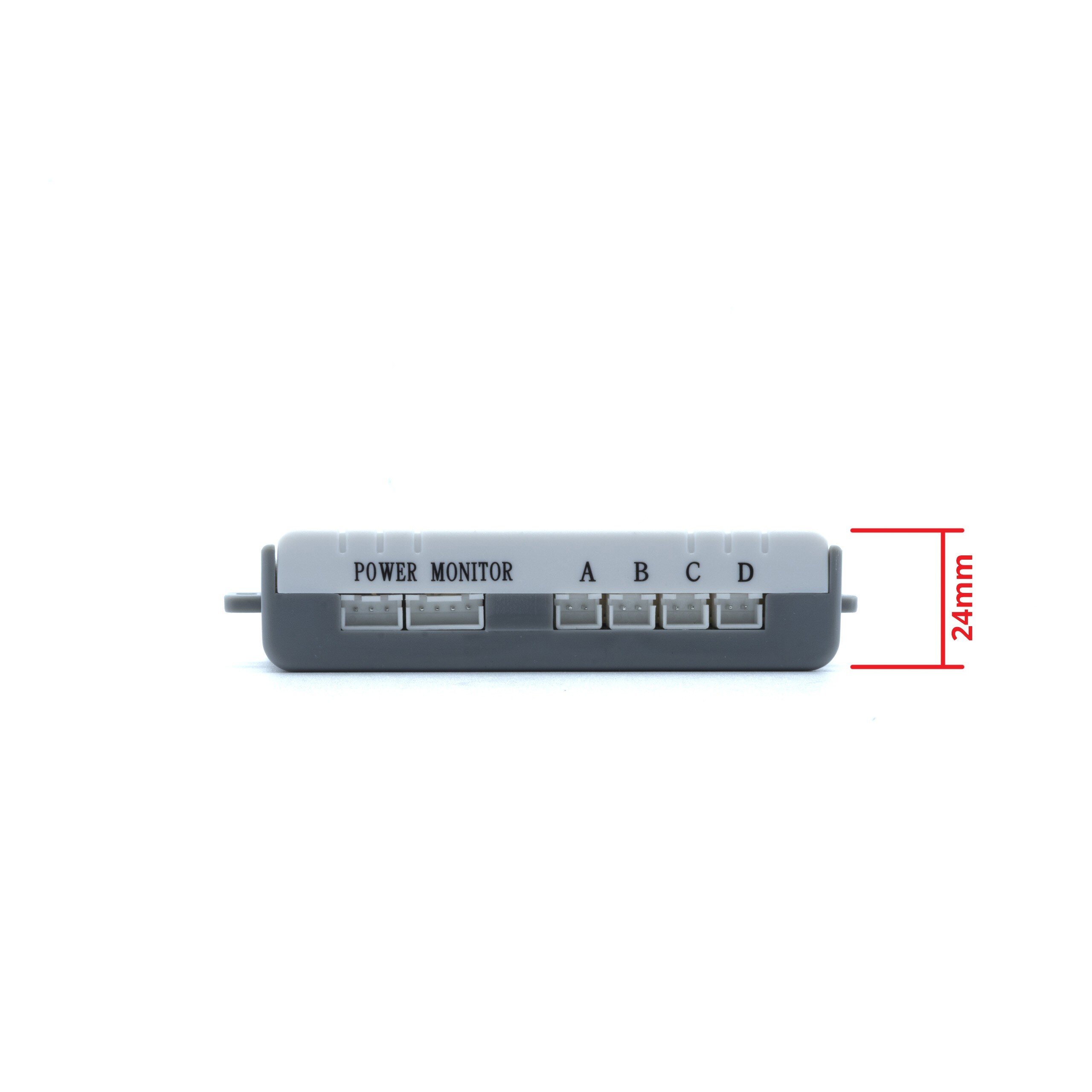 Prostokątny moduł z oznaczeniami \'POWER MONITOR\' oraz literami \'A\', \'B\', \'C\', \'D\'. Obok znajduje się miarka wskazująca wysokość 24 mm.