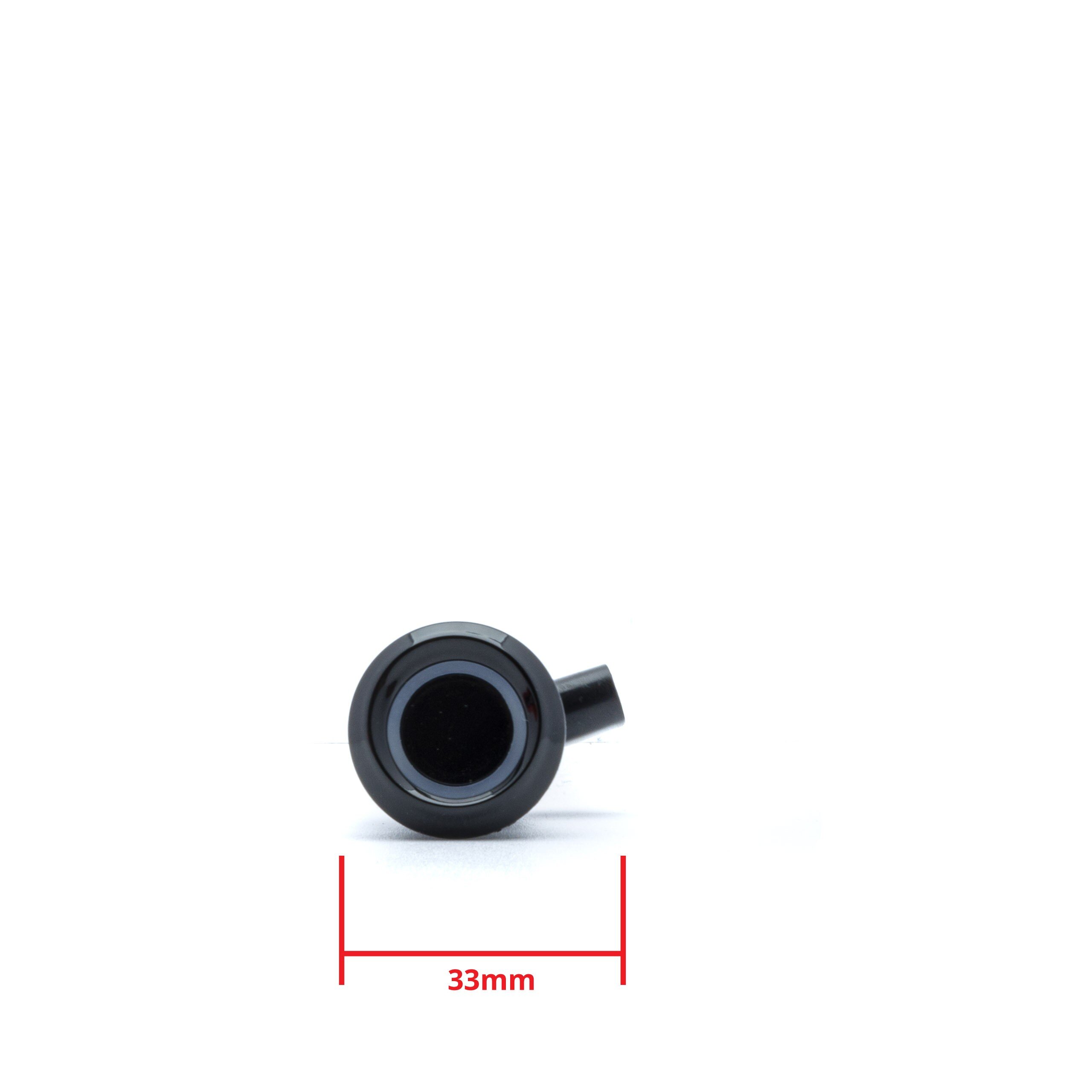 Na obrazie widoczny jest czarny czujnik parkowania z oznaczeniem \'33mm\' w kolorze czerwonym poniżej. Czujnik ma okrągły kształt z krótkim wystającym elementem z boku.