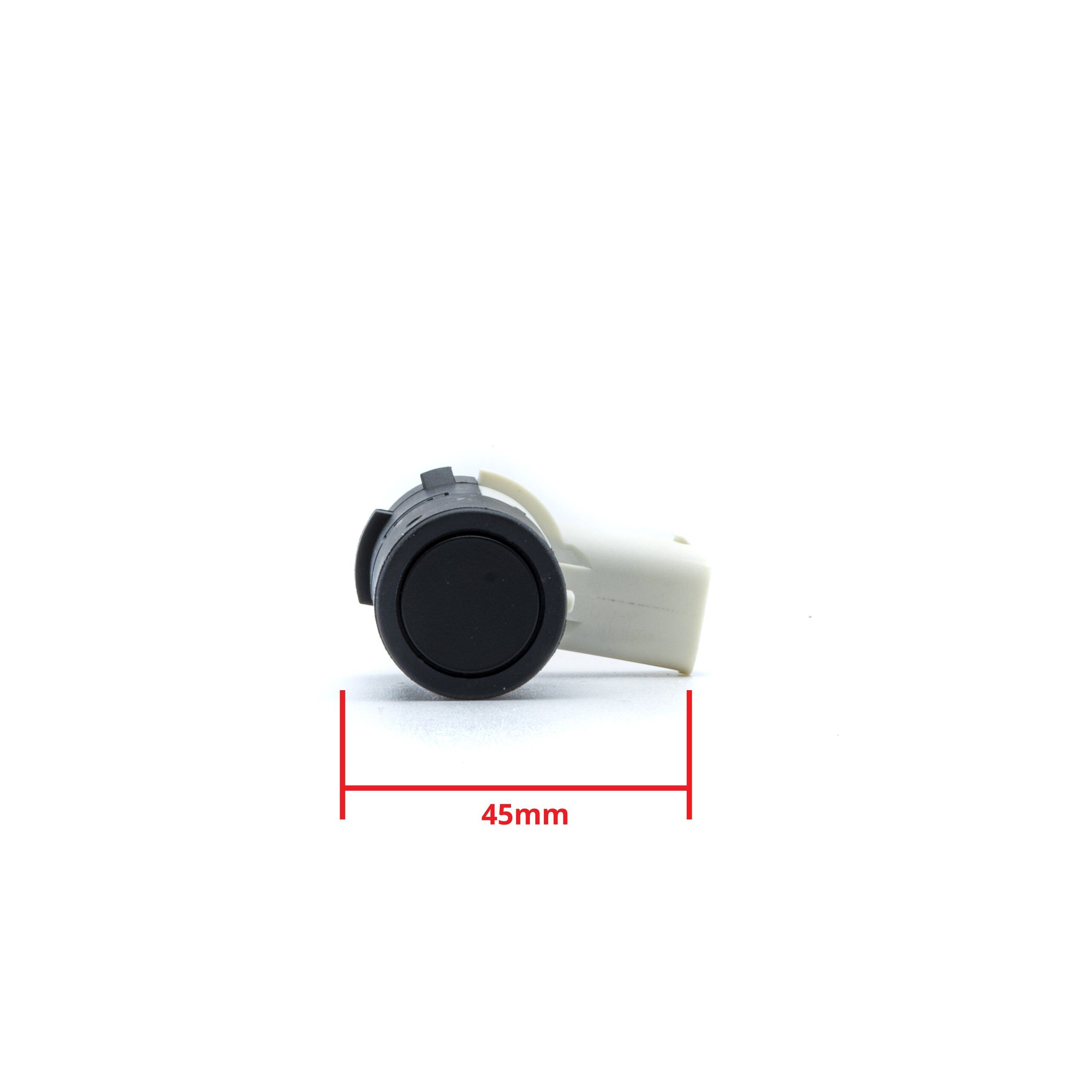 Na białym tle znajduje się czarny, okrągły czujnik parkowania z białą obudową. Pod czujnikiem widoczny jest czerwony napis \'45mm\'.