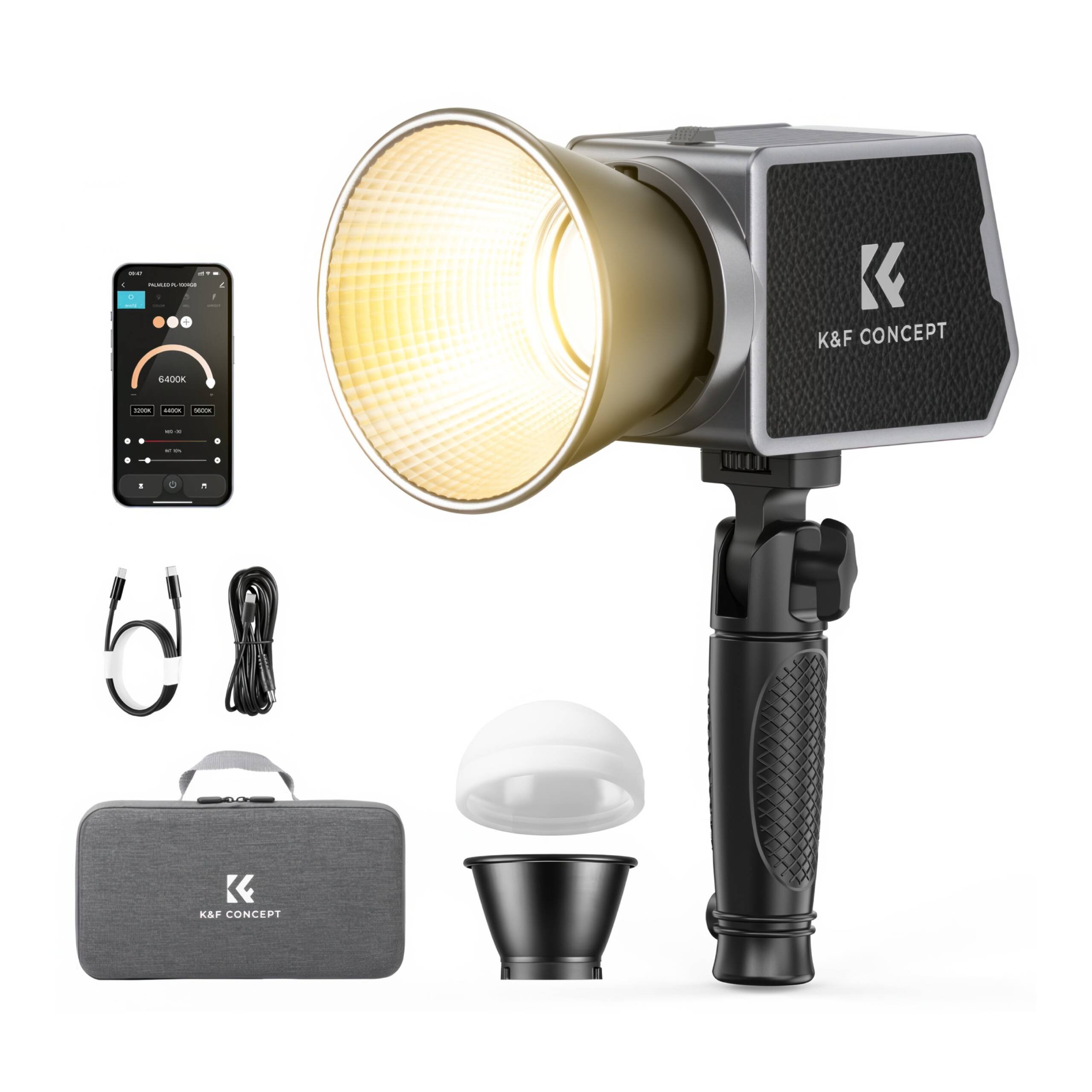 Na obrazie znajduje się lampa fotograficzna LED z uchwytem, obok której leżą akcesoria takie jak kabel, kopułka dyfuzyjna, reflektor oraz torba z logo \'K&F CONCEPT\'. Widoczny jest również smartfon z aplikacją do sterowania lampą.